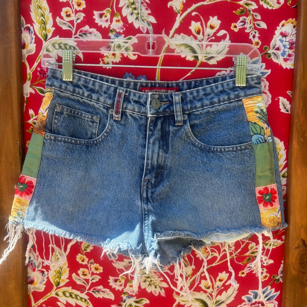 Vintage Patchwork Embellished Denim Cutoff Short Shorts